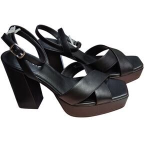 Lisa Vicky Jazz Black Leather Platform Block Heel Sandal Club Dancing size 9M